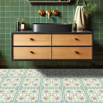 HOMETITUTE Teal Border Fig Floral Peel and Stick Tile Art Deco,12"x12" - color: Teal and Gold
