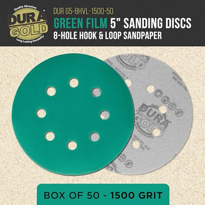 Dura-Gold 5" Green Film Sanding Discs, 1500 Grit, 8-Hole, Box of 50, H & L - style: 1500 Grit
