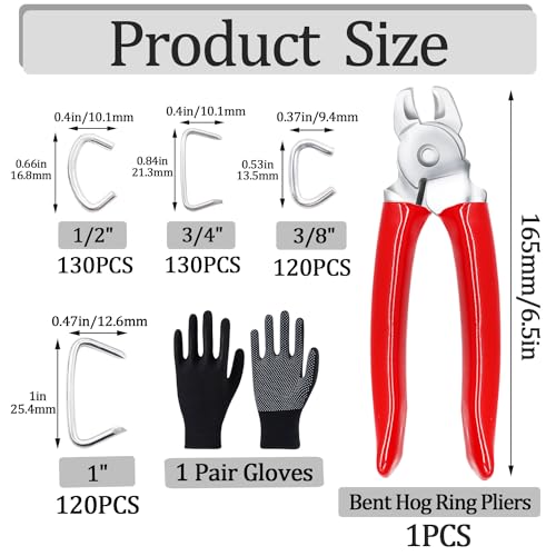 500 PCS Hog Rings with Bent Hog Ring Pliers Kit 1" 3/4" 1/2" 3/8 "Galvanized Hog Rings for Animal Pet Cages、Ropes、Bagging、DIY Craft、Furniture - color: Red, size: 500PCS-Bent