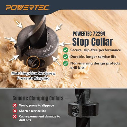 POWERTEC Drill Bit Stop Collar Set, 7 Piece Set Adjustable Drill Bit Depth Stopper with Allen Wrench, Bits Stop with Imperial System Size Markings - 1/8", 3/16", 1/4", 5/16", 3/8", 7/16", 1/2” (72294) - style: 7PC Imperial Drill Stop Set (1/8"-1/2")