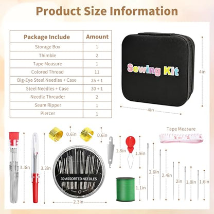 MASHDE 74 PCS Sewing Kit, Big Eye Steel Sewing Needles Kit with Storage Box - color: Black