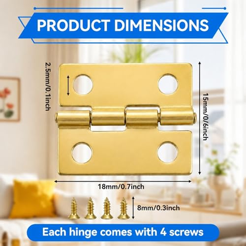50-Pack 18 x 15mm Gold Mini Hinges, 200 Screws for Jewelry Boxes - color: Gold