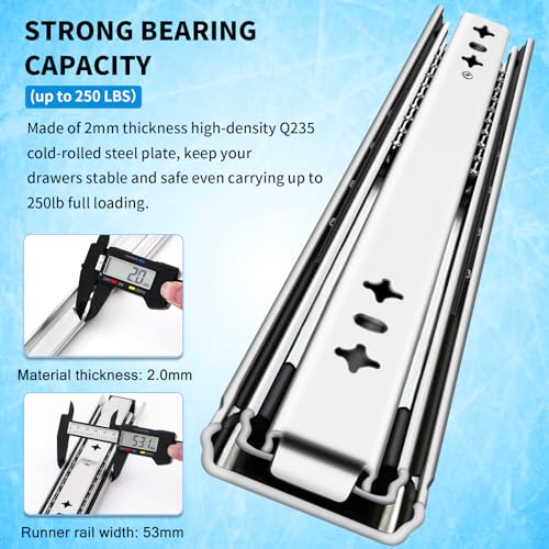 YENUO Heavy Duty Drawer Slides Full Extension 12 to 40 Inch Capacity 250 LB - size: 12 Inch, style: Load:250 lb (No lock) -W:53mm