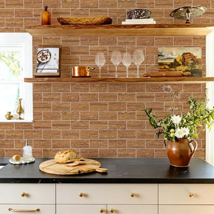 Vamos Tile 100 Pieces Peel and Stick Backsplash Tile, 3" x 6" Subway Tile - color: Red Travertine