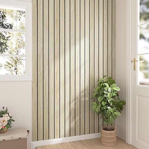 Light Oak Wood Slat Wall Panel Peel and Stick 3D Foam Wood Slat Wallpaper Removable Self Adhesive Wooden Contact Paper for Cabinets Bedroom Accent Wall Living Room Interior Decor 16.8"x118" - size: 16.8" x 118"