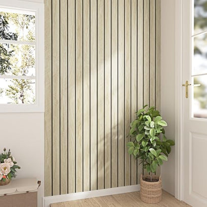Light Oak Wood Slat Wall Panel Peel and Stick 3D Foam Wood Slat Wallpaper Removable Self Adhesive Wooden Contact Paper for Cabinets Bedroom Accent Wall Living Room Interior Decor 16.8"x118" - size: 16.8" x 118"