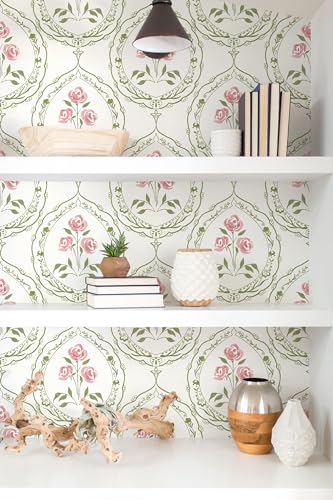 Boho Floral Peel and Stick Wallpaper Green and Pink Self Adhesive Wallpaper - color: Green and Pink