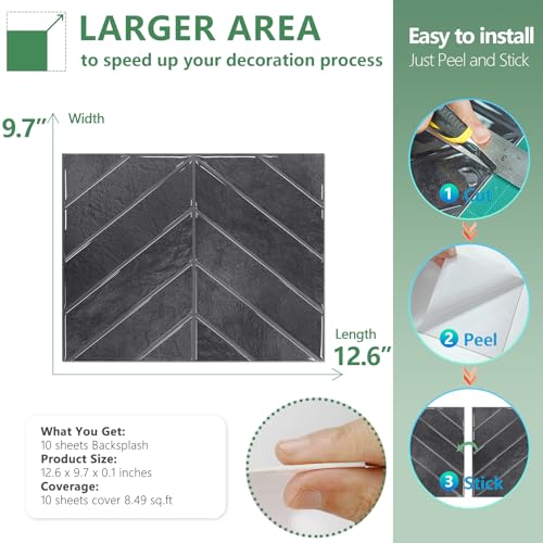 STICKGOO Herringbone Peel and Stick Backsplash, Shiny Black, 10 Sheets - color: Shiny Black With Dark Grey Grout, size: Pack of 10