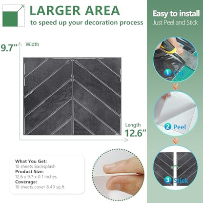 STICKGOO Herringbone Peel and Stick Backsplash, Shiny Black, 10 Sheets - color: Shiny Black With Dark Grey Grout, size: Pack of 10