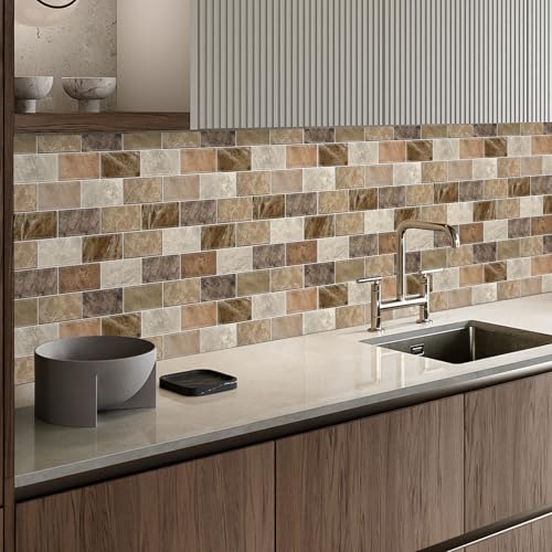 10 Sheets Peel and Stick Backsplash for Kitchen 12"X12" Renter Friendly Backsplash Back Splash Adhesive Subway Wall Tile Flat Vinyl Sticker for Bathroom Brown Marble B (Not 3D Tile)