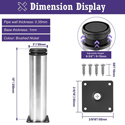 Stainless Steel Adjustable Furniture Legs 10 Inch - Silver - 4pcs - color: Silver, size: 10"