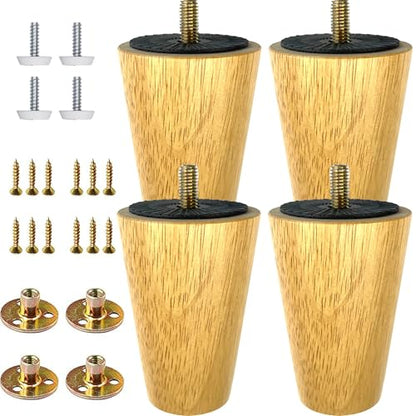 4-Pack 4-Inch Solid Hardwood Furniture Legs, Mid-Century Style with Golden Metal Caps - Natural Color, Perfect for Couches, Dressers, Chairs, and Cabinets - size: 4 inch