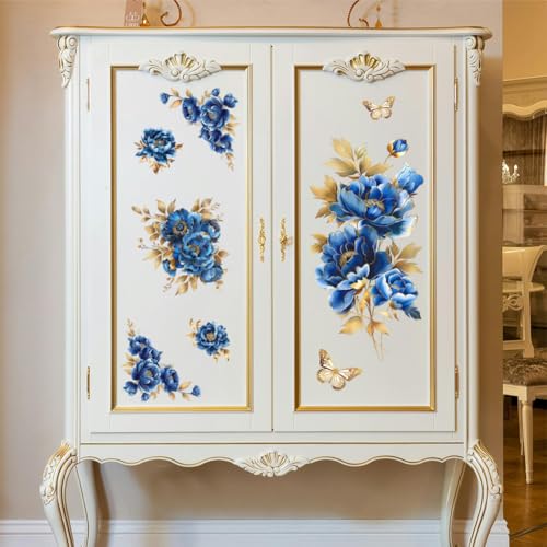 Peacoblue Blue and Gold Peonies Rub On Transfers for Furniture 6"x12" - style: Blue and Gold Peonies Flowers