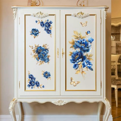 Peacoblue Blue and Gold Peonies Rub On Transfers for Furniture 6"x12" - style: Blue and Gold Peonies Flowers