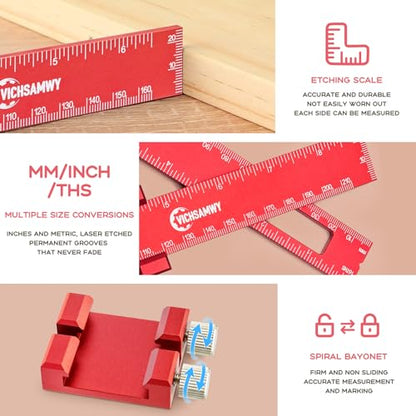 Precision Metal Slide Stop Scribing Ruler - 12, 8 & 6 Inch, Adjustable Measuring & Marking for Woodworking - color: Red