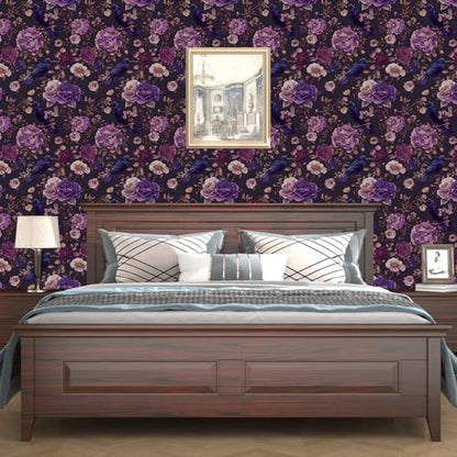 Laatse Gothic Dark Purple Crow Floral Wallpaper Peel and Stick 17.5"x393" - color: Dark Purple, size: 17.5" x 393"