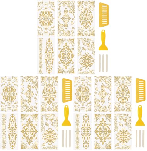 WANDIC 6 Sheets Rub on Transfer Stickers, Gold Line Floral Border Pattern Decorative Furniture DIY Stickers Decals for Scrapbook Present Boxes,15 * 30cm (Pack of 3)
