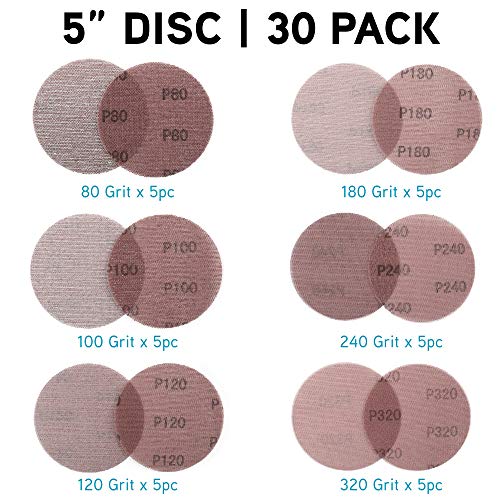 LotFancy 5 Inch Mesh Abrasive Sanding Discs, 30PCS 80 100 120 180 240 320 Grit Dust Free Sandpaper Assortment for Car, Woodworking - Hook and Loop Random Orbital Sander Round Sand Paper - style: Pack of 30