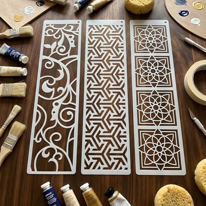12 Geometric Border Stencils for Painting, Modern Trim for Furniture 12x3 - color: Geometric