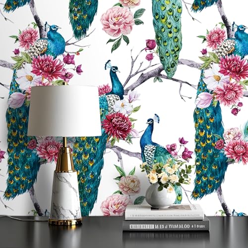 Chinoiserie Wallpaper Peel and Stick Waterproof Peacock Wallpaper Stick and Peel Blue Green Peacock Wall Paper for Bathroom Cabinets Floral Pink Peony Removable Floral Contact Paper 17.5x80 - size: 17.5" x 80"