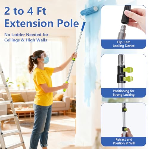 Paint Roller Kit with 2 to 4 FT Extension Pole for House Painting - Completed Home Painting Set with 9″ & 4″ Paint Roller Covers, Tray, Paint Brushes and Accessories