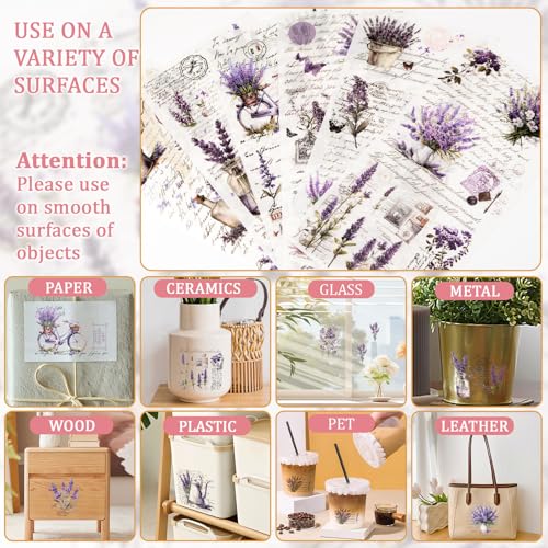 WANDIC Retro Rub On Transfer Stickers, 6 Sheets Lavender Decals Purple Flower Stickers Waterproof Decals Flower Stickers with Copywriting for Greeting Cards,12 * 6in - color: Purple Flower, size: 6 Sheets