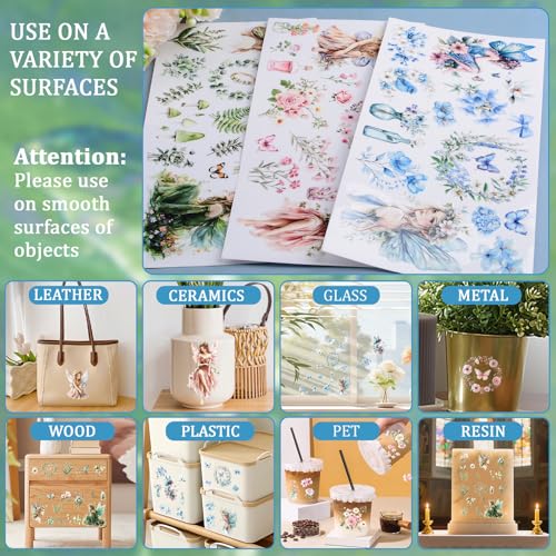 WANDIC 3 Sheets UV DTF Rub on Transfer Stickers, Fairy Elf Theme 3D Cup Warp Waterproof Decals for DIY Glass Water Bottle Furniture Crafts,15 * 30cm - color: Fairy Plants