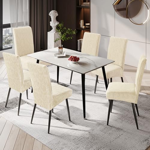 Waterproof Dining Room Chair Covers, Stretch Parsons Chair Slipcovers - color: Flower Pattern-beige, size: Large-6 Pack