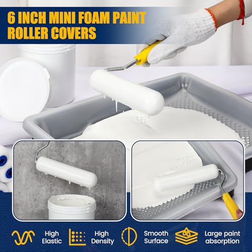 Leumoi 80 Pack Foam Paint Roller 6 Inch Small Paint Roller Covers High Density Foam Roller Sponge Rollers for Painting Doors Wall Cabinet Cupboards Ceilings Brings Smooth Finishes Flat Surfaces