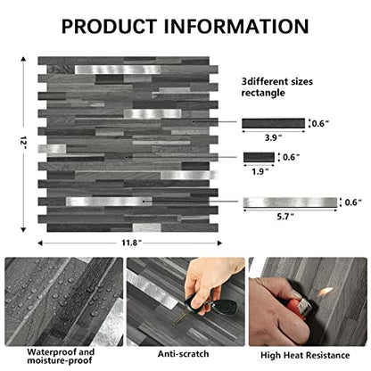 Midcard 10 Sheets Peel and Stick Backsplash PVC Wall Tile,for Kitchen Backsplash - color: Rectangular Black Grey Wood with Metal Silver