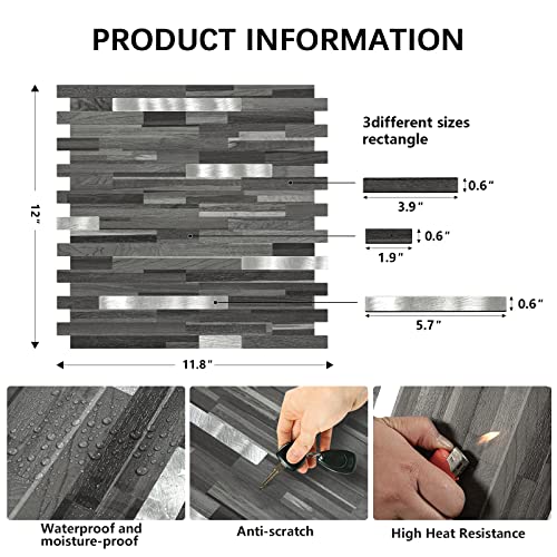 Midcard 10 Sheets Peel and Stick Backsplash PVC Wall Tile,for Kitchen Backsplash - color: Rectangular Black Grey Wood with Metal Silver