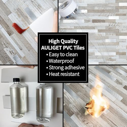 AULIGET Peel and Stick Backsplash, Coffee & Brown Wood Look PVC Mixed Metal Stick on Bathroom Backsplash, 2 - color: Coffee & Brown Wood + Metal Silver, size: 2 Sheets, 6"x12"x0.12"