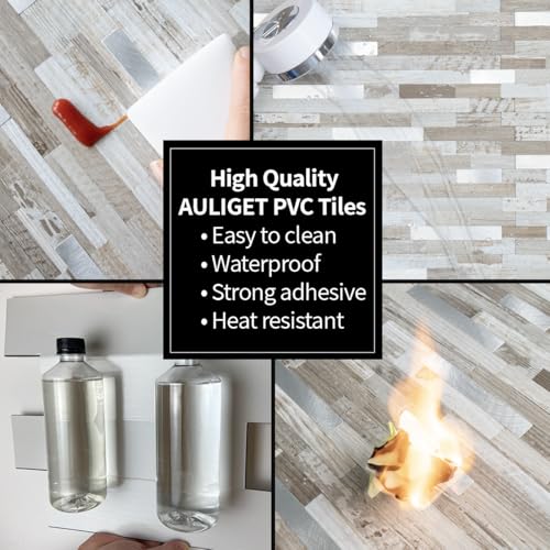 AULIGET 20 Sheets Peel and Stick Backsplash, Coffee & Brown Wood Look PVC Mixed Metal Stick on Backsplash Tiles for Kitchen - color: Coffee & Brown Wood + Metal Silver, size: 20 Sheets, 6"x12"x0.12"