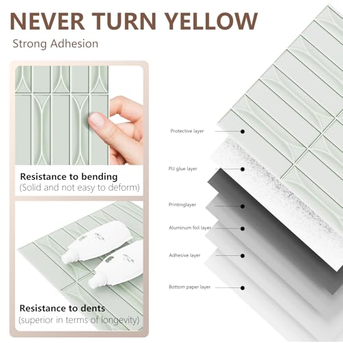 Peel and Stick Backsplash Tiles 12''x12'' Light Green Wall Tile Heat Resistant 10-Sheet Waterproof Vinyl Self Adhesive Glossy Boho Sticker for Kitchen Ceramic Bathroom Living Room - color: Green