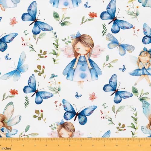 jejeloiu Kids Cartoon Elf Fabric by The Yard 10 Yards Blue Bllet Dancer Upholstery Fabric for Chairs Butterfly Decorative Soft Flannel - color: Blue and White, size: 10 Yards