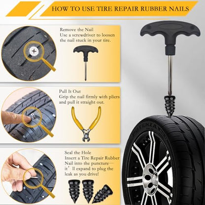 80Pcs Tire Repair Rubber Nails Kit with 4 Sizes, Vacuum Tire Repair Rubber Nail, Screw in Tire Repair Plugs, Tire Rubber Nails Tool, Quick Self-Service Tire Repair Tools for Car, Motorcycle, Truck