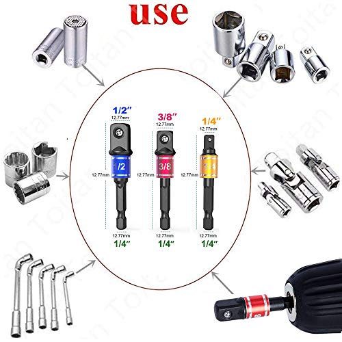 CIGOTU Impact Grade Power Hand Tools Driver Sockets Adapter Extension Set, 3Pcs 1/4 3/8 1/2" Hex Shank Drill Nut Driver Bit Set + 105 Degree Right Angle Driver Extension Screwdriver Drill Attachment - color: 3black+1silver