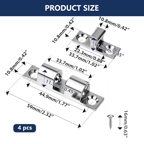 4PCS 60mm Solid Brass Adjustable-Tension Double Roller Catch, Heavy Duty Cabinet Latch Hardware for Closet Cupboard Wardrobe French Doors, Silver Finish - size: 60mm