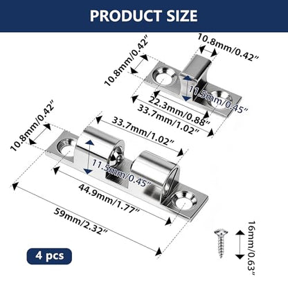 4PCS 60mm Solid Brass Adjustable-Tension Double Roller Catch, Heavy Duty Cabinet Latch Hardware for Closet Cupboard Wardrobe French Doors, Silver Finish - size: 60mm