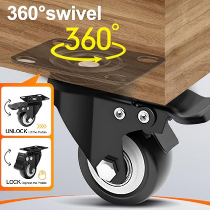 2" Black Caster Wheel Set of 4, Swivel Plate Casters with Brake - color: Black, size: 2 IN