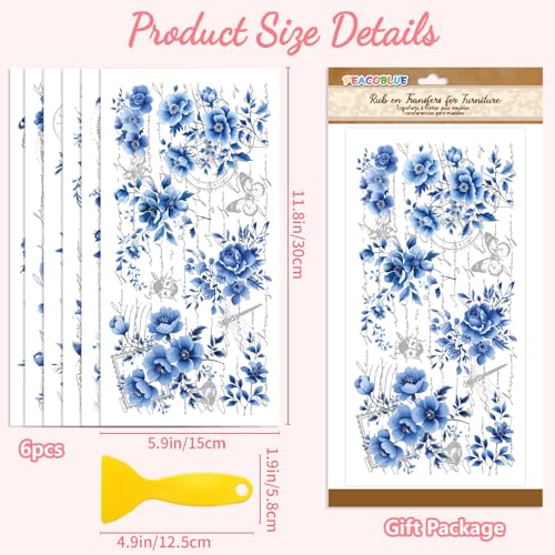 Peacoblue Blue Floral Background Rub On Transfers for Furniture 6"x12" - style: Blue Flowers with A Full Background