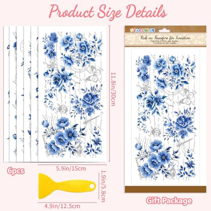 Peacoblue Blue Floral Background Rub On Transfers for Furniture 6"x12" - style: Blue Flowers with A Full Background