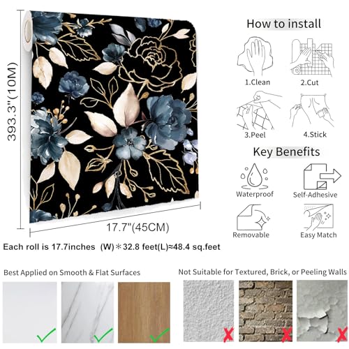 Black Gold Floral Peel and Stick Wallpaper 17.7"x393.3" - color: Black/Gold/Navy Blue/Beige, size: 17.7" x 393.3"
