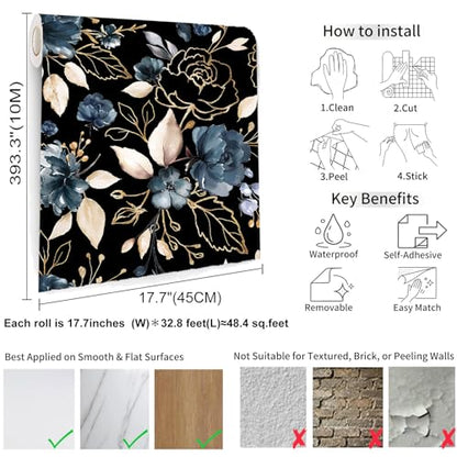 Black Gold Floral Peel and Stick Wallpaper 17.7"x393.3" - color: Black/Gold/Navy Blue/Beige, size: 17.7" x 393.3"