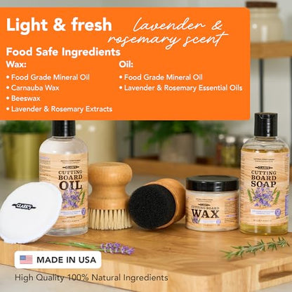 CLARK'S Cutting Board Care Kit - Includes Mineral Oil - Finishing Wax (6oz) - Applicator - Scrub Brush - Buffing Pad - Infused with Lavender and Rosemary Extract - Features Clark's Cutting Board Wax - style: Lavender and Rosemary Extract (Full Care Set)