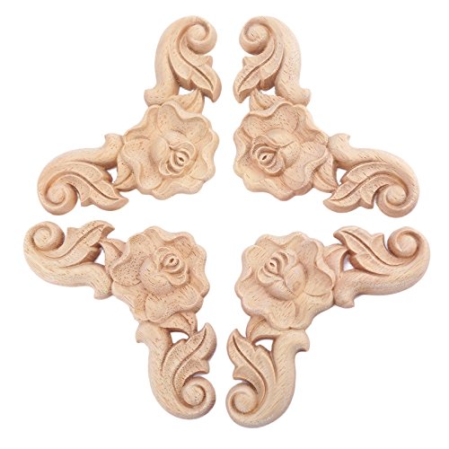 4Pcs Wooden Carved Rose Appliques Onlays, Furniture Corner Carvings Decals - size: 8x8cm/3.15"x3.15"