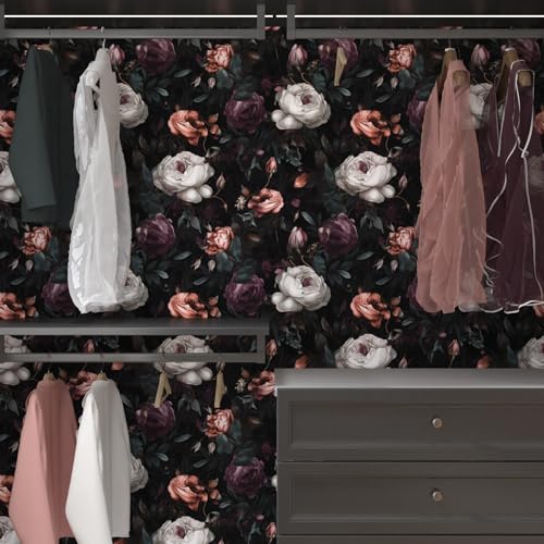 Laatse Gothic Dark Purple Rose Floral Wallpaper Peel and Stick 17.5"x78.7" - color: Black&Purple, size: 17.5" x 78"