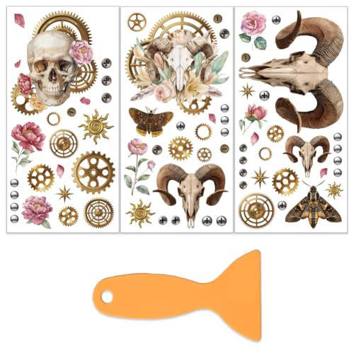 OLYCRAFT 3Pcs Retro Skull Rub on Transfers for Furniture and Crafts 6x12 Inch Sheep Skull Furniture Decals Decor Gears Transfer Stickers with 1pc Scraper for Glass Cups Cabinets DIY Home Decor - style: Skull