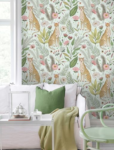 Floralplus Wallpaper Peel and Stick Jungle Leopard Wallpaper - color: Mint Green, size: 17.5" x 118"