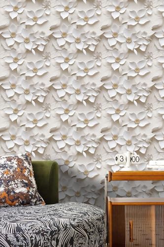 Peel and Stick Wallpaper Cream White Floral Small Art Deco - color: Cream&yellow, size: 17.7" x 78.7"